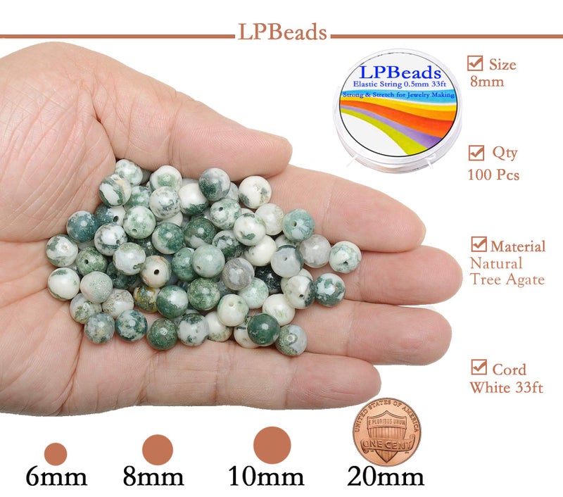 LPBeads 100pcs Polished 8mm Round Natural Tree Agate Gemstone Loose Beads with Stretch Cord for Jewelry Making Bracelets - Image 2